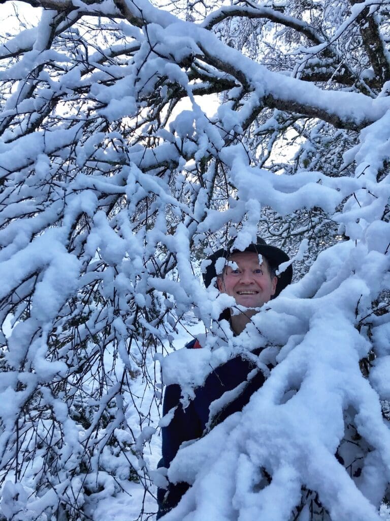Man in a snow covered tree